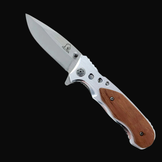Falcon EDC knife wood handle spring assisted pocket knife with stainless steel blade open