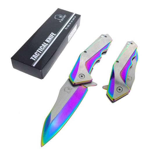 Falcon EDC rainbow spring assisted pocket knife displayed open and closed alongside Falcon tactical box