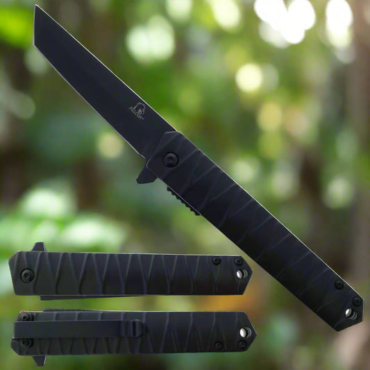 Black Falcon tanto spring assisted pocket knife . with textured black handle, flipper tab and pocket clip shown open and closed