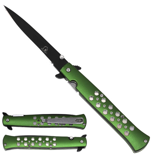 Falcon Green Stiletto Spring Assisted Pocket Knife with sleek black blade and durable grip