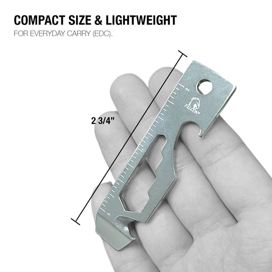 Falcon keychain multitool for outdoor use compact and lightweight 2 3/4 inch size held in hand