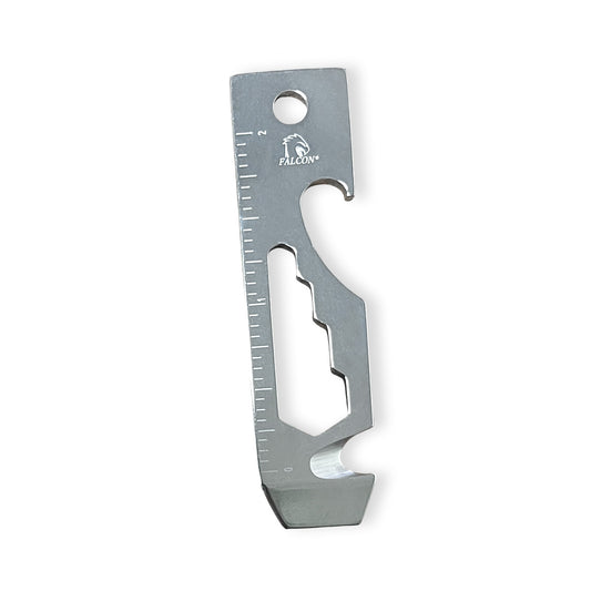 Falcon keychain multitool for outdoor use with bottle opener, ruler, and wrench features