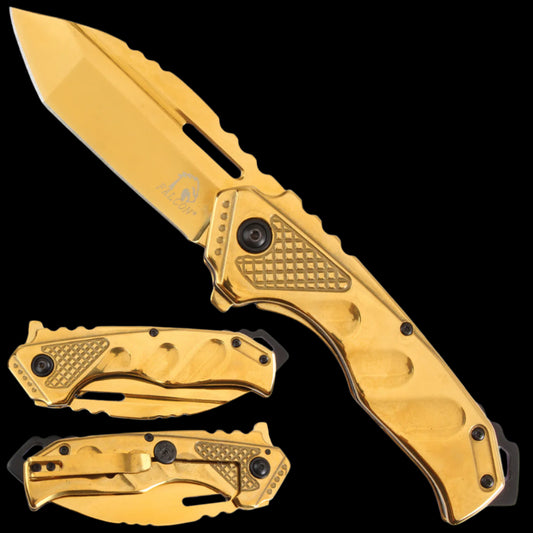 Falcon Knives gold pocket knife spring assisted pocket knife with textured grip and folding blade