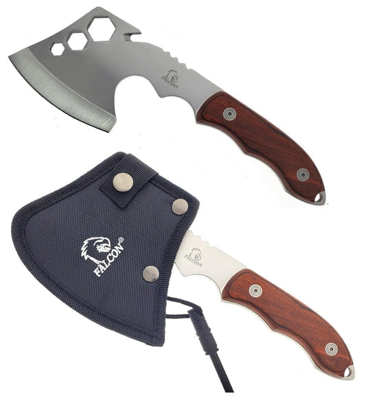 Falcon Multi-Tool Wood Axe with stainless steel blade and ergonomic wooden handle for outdoor use