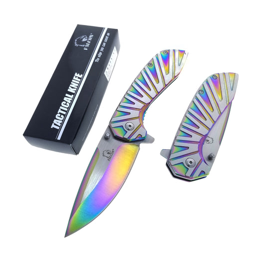 Falcon Rainbow EDC Pocket Knife with sleek design and vibrant rainbow finish for everyday carry