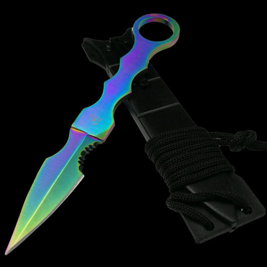 Falcon rainbow Fixed Blade Tactical knife with iridescent finish and black sheath with cord