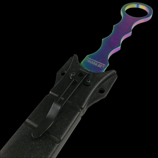 Falcon rainbow Fixed Blade Tactical knife with colorful blade partially sheathed in black case