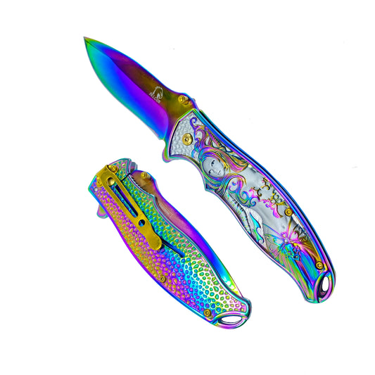 Falcon Rainbow Spring Assisted Knife w 3D Mermaid featuring a colorful blade and ergonomic handle design