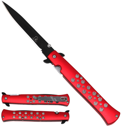 Falcon Red Stiletto Spring Assisted Pocket Knife with red handle and black blade shown open and closed