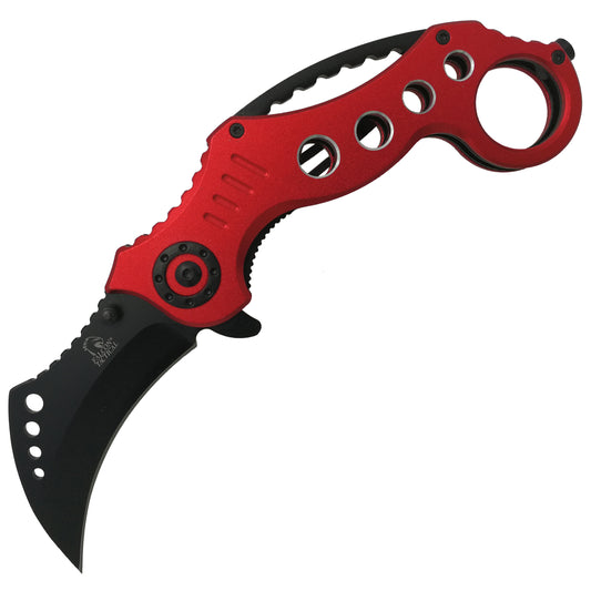 Falcon spring assisted EDC red karambit pocket knife with curved hawkbill blade and finger ring