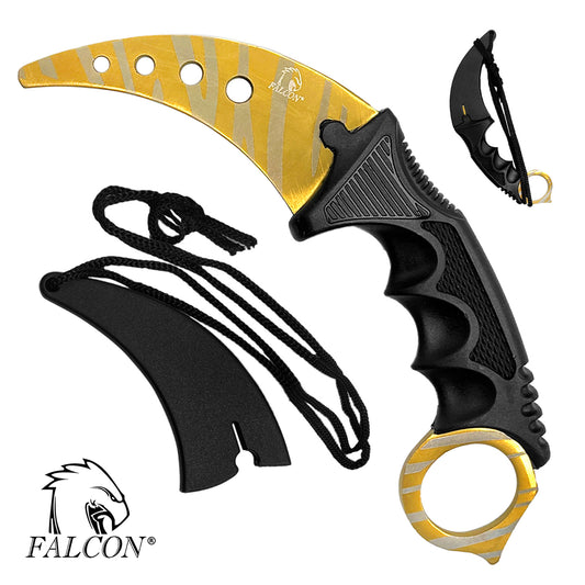 Falcon trainer karambit knife with gold and black blade, ergonomic handle, sheath, and lanyard