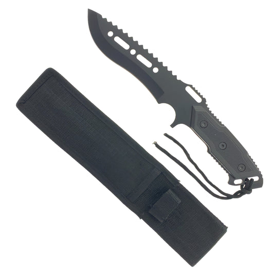 Guild Arms Fixed Blade Black Hunting Knife with Sheath and Serrated Edge for Outdoor Use