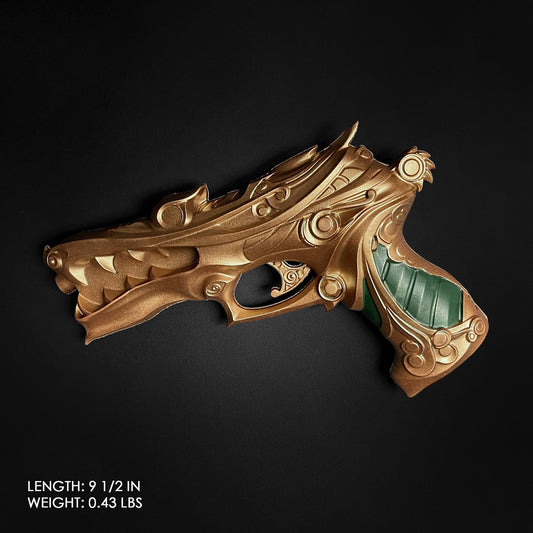 Otaku Gear foam fantasy gun prop ornate gold and green dragon themed foam pistol with carved details