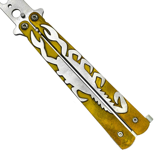 Gold Scorpion Butterfly Training Knife with intricate design and durable metal handles for practice and training