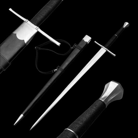 Hand-forged medieval sword for sale with detailed crossguard and leather-wrapped handle