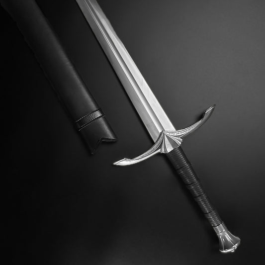 Hand-Forged Medieval Sword w/ Leather Strips with a polished blade and intricate hilt design