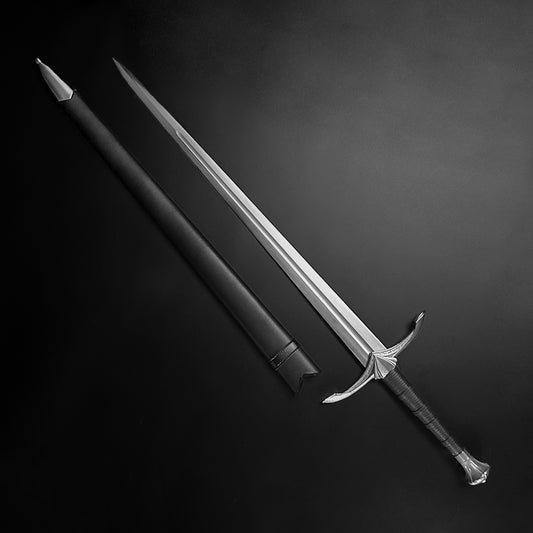 Hand-Forged Medieval Sword w/ Leather Strips with a sleek blade and ornate hilt