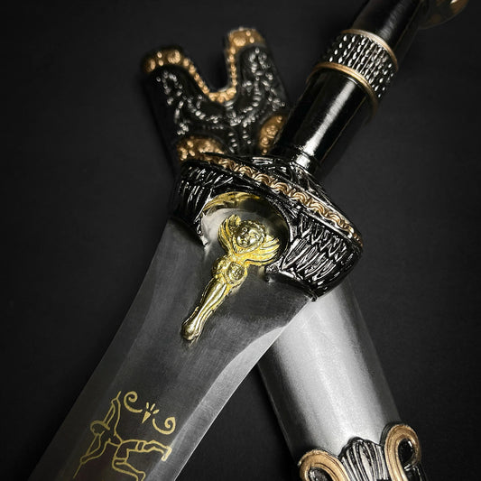 Fantasy Edge Roman dagger with blue crystal ornate black and gold hilt decorative blade for display and cosplay