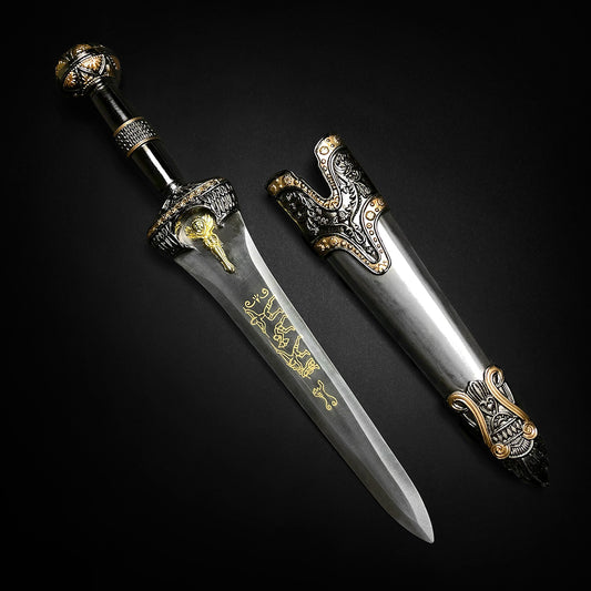 Fantasy Edge Roman dagger with blue crystal motif ornate gold inlay and matching scabbard