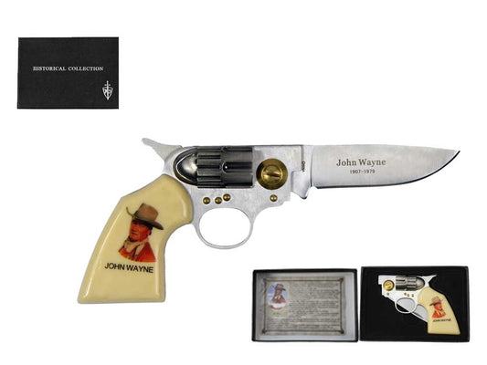 Guild Arms Revolver Folding Knife John Wayne portrait cream grip stainless blade with presentation box