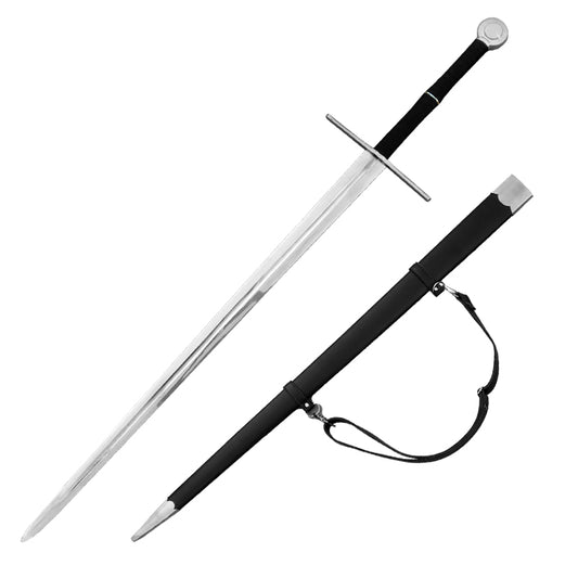 Guild Arms Knight medieval sword for sale with a sleek blade and black handle, including a matching scabbard