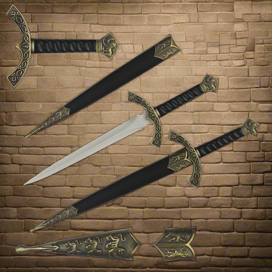 Fantasy Edge medieval dagger for sale with decorative gold accents and black leather handle on stone background