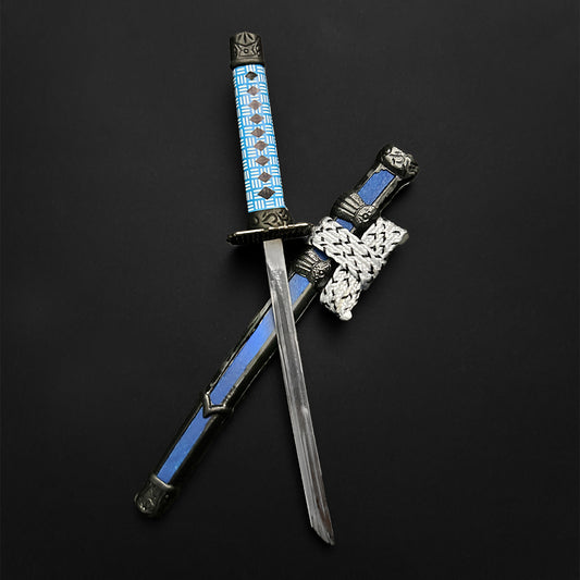 Guild Arms Mini Katana Letter Opener with intricate blue handle and decorative accents