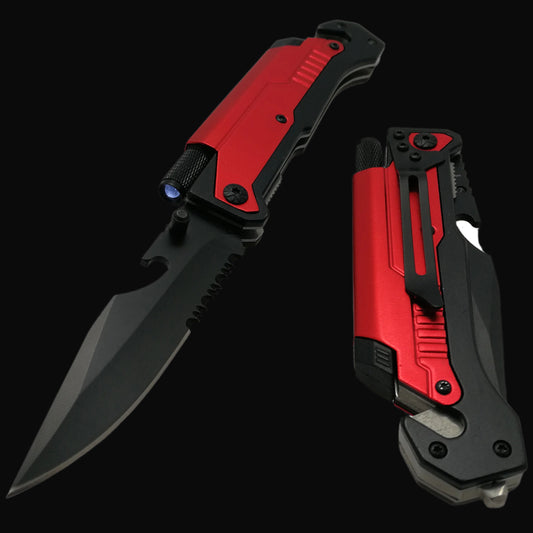 Guild Arms multi-tool folding knife for survival with red handle and built-in flashlight feature