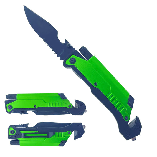 Multi-tool folding knife with Flashlight in green and black, shown open and closed
