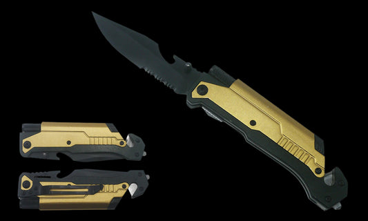 Guild Arms multi-tool folding knife with flashlight featuring gold and black handles with sharp blade