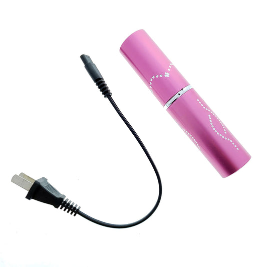 Pink Rechargeable compact stun gun with charging cable for personal safety and defense