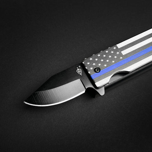 Guild Arms Police Flag Lighter Case Pocket Knife with Black Blade and Blue Line Design