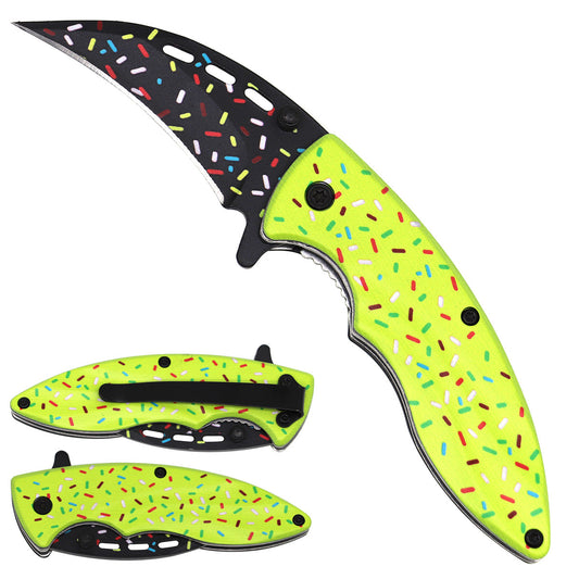 Rainbow Sprinkles Spring Assisted Pocket Knives with vibrant sprinkles design and ergonomic handle