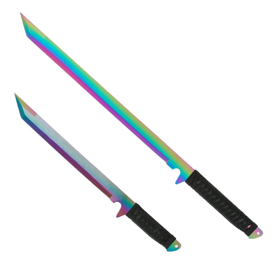 Guild Arms rainbow twin machete set with colorful blades and black textured handles