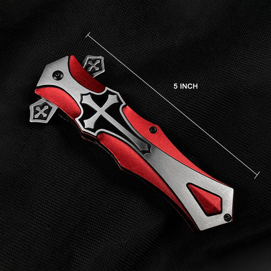Guild Arms red cross handle spring pocket knife featuring a sleek design and a 5-inch blade