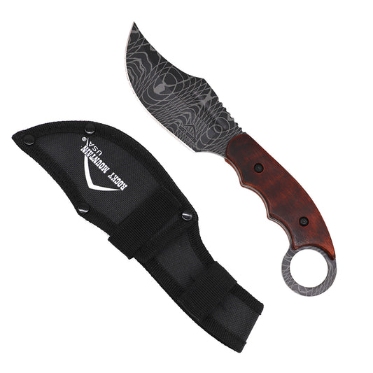 Rocky Mountain Hunting Knife with a detailed blade and wooden handle, includes a protective sheath