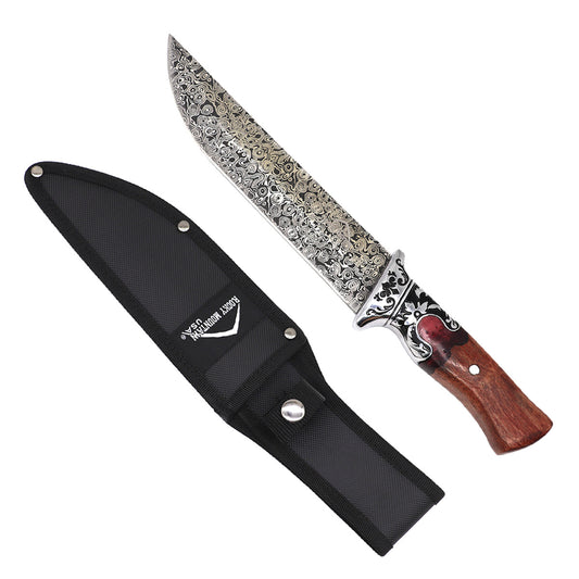 Rocky Mountain Hunting Knife with Decorative Blade and Wooden Handle, includes Sheath
