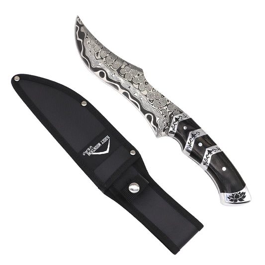 Rocky Mountain Hunting Knife with Damascus Steel Blade and Black Handle, includes protective sheath