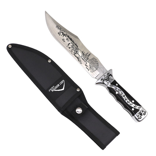 Rocky Mountain Hunting Knife with intricate blade design and protective sheath for outdoor enthusiasts
