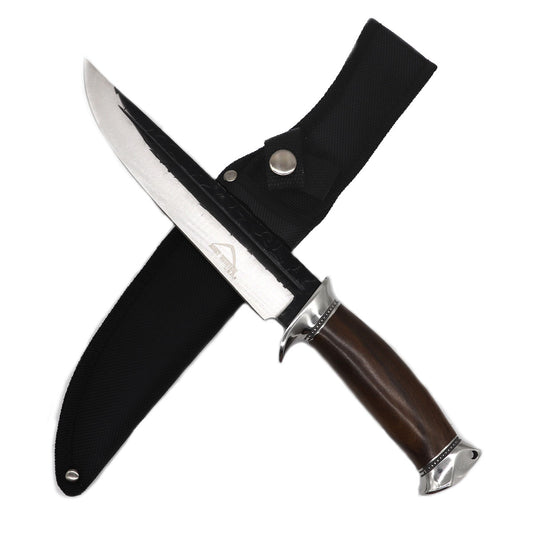 Rocky Mountain Hunting Knife with a stainless steel blade and stylish wooden handle in a black sheath