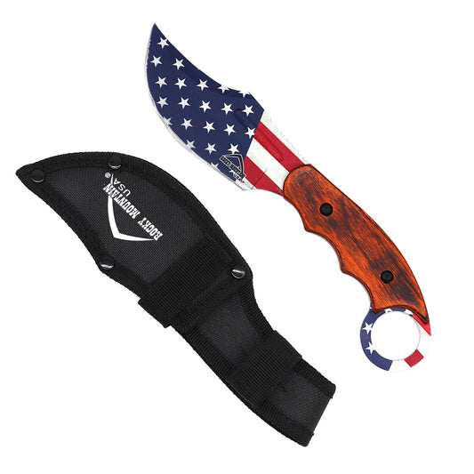 Rocky Mountain Hunting Knife USA Flag with Wood Handle and Sheath for Outdoor Adventures