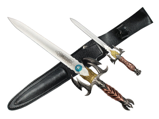 Pacific Solution darkness dagger set two ornate fantasy daggers with silver blades wood grain handles and black leather sheath