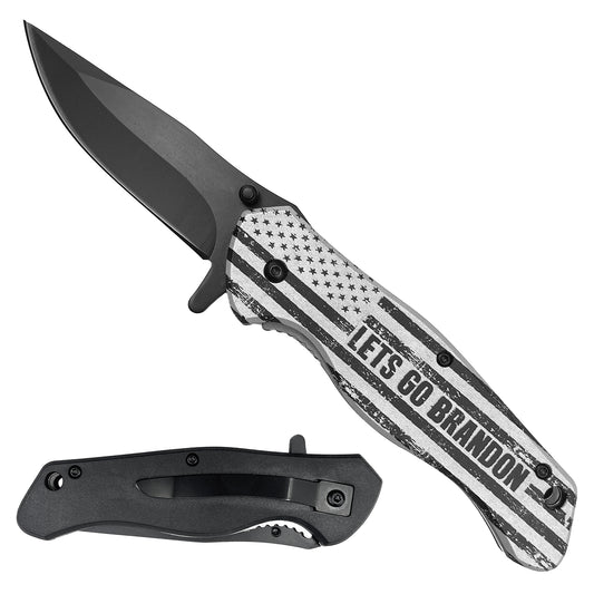 Guild Arms Spring Assisted Pocket Knife Let's Go Brandon with a sleek black blade and patriotic handle design