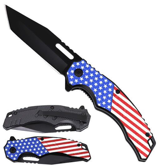 Spring Assisted Pocket Knife - USA Flag Textured Handle with black blade for outdoor enthusiasts