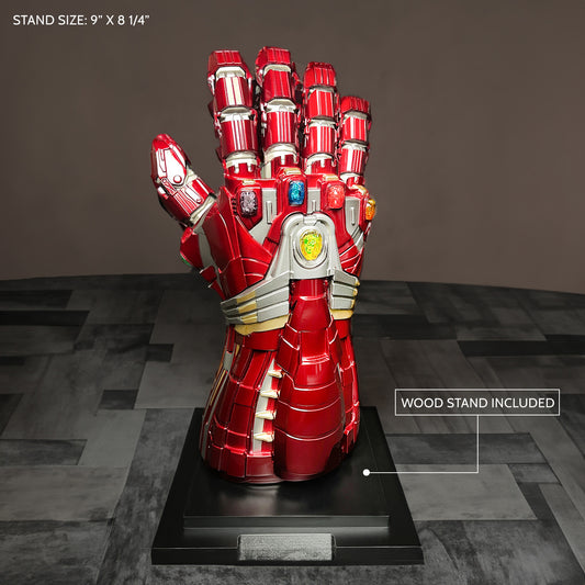 Guild Arms superhero Fantasy costume gloves on display with stand, featuring vibrant red design and gem details