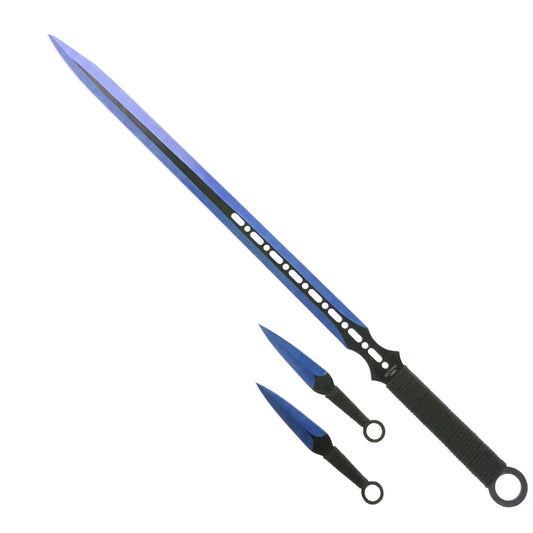 Tactical Master tactical blue machete set with throwing knives featuring sharp blue blades and black handles