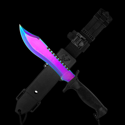 Guild Arms Tactical Knife With Rainbow Fixed Blade and durable black sheath for outdoor adventures