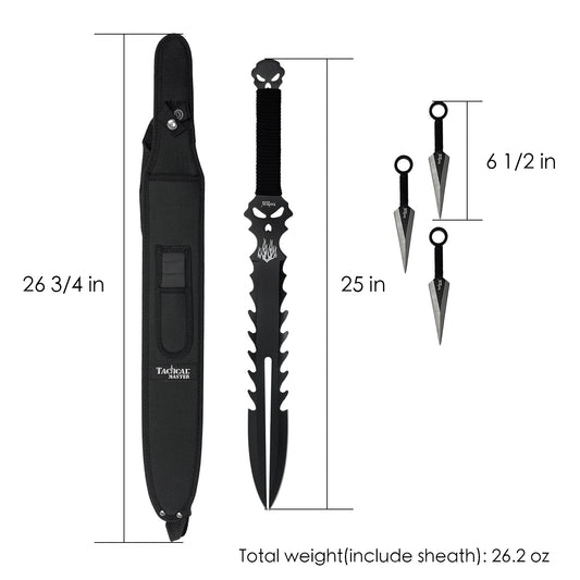 Tactical Master tactical machete and Throwing knife set with sheath, featuring sharp serrated blade design