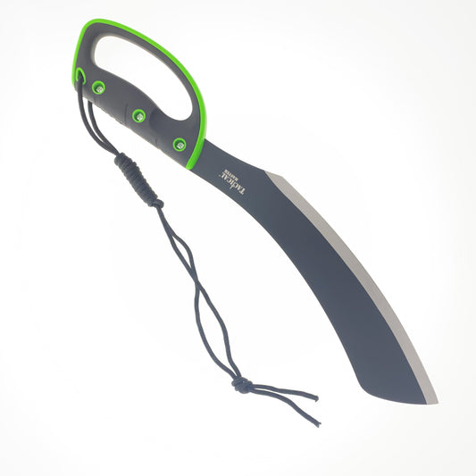 Tactical Master machete with green and black handle and curved blade, best machete for camping and survival