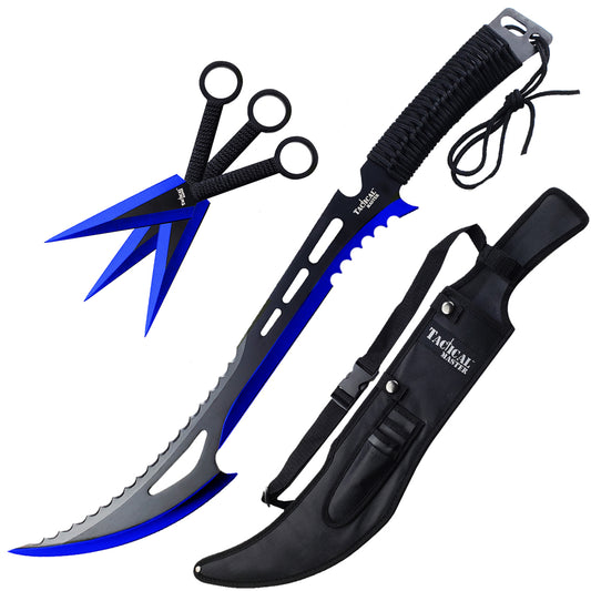 Tactical Master Blue Machete with 3 PCS 6" Throwing Knife and durable sheath for outdoor adventures
